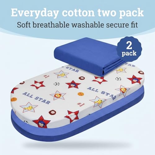 Image of 2-Pack Bassinet Sheets - 100% Cotton Percale Jungle Sports and Blue Bassinet Mattress Pad Fitted Sheet for Baby Boy; Compatible with Bassinet Bedside Co-Sleeper Lounger Brands; Oval Rectangle Mattress