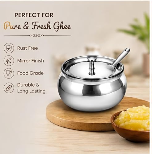 Image of Premium Stainless Steel Ghee Pot Set of 2 | Airtight Storage Jars for Ghee, Oil, Spices & Kitchen Essentials | Rust-Free, Food Grade, Durable & Easy to Clean Containers for Home Kitchen Use