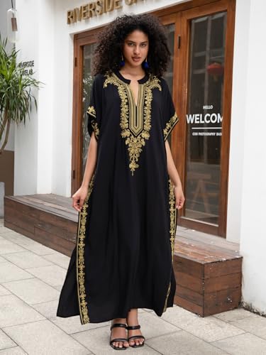 Image of KECVOT Kaftan Dresses for Women Embroidered Short Sleeve V-Neck Plus Size Caftan Bikini Swimsuit Cover-Up Long Beach Dress