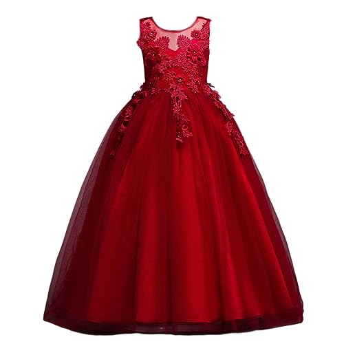 DISSA Vestido de niña de flores vestido de princesa festivo para niños niñas vestido sin mangas encaje tul fiesta vestido de boda festivo 4-14 años, D832, rojo, 13-14 Años