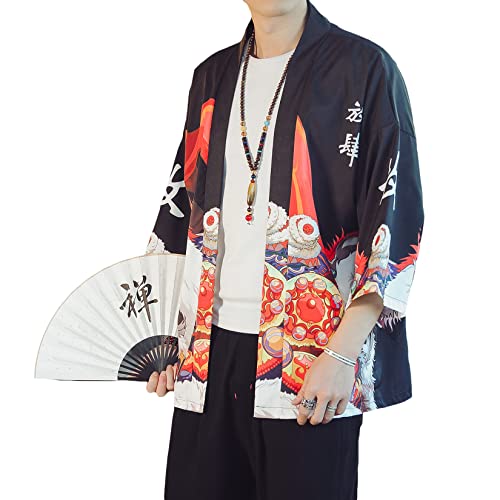 Image of PRIJOUHE Men's Lightweight Kimono Jacket Seven Sleeve Open Front Cardigan Coat Japanese Style Bathrobe