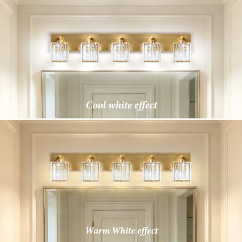 Image of Gold Crystal Bathroom Vanity Light, 5-Light Modern Bathroom Lighting Fixtures Over Mirror,Chrome Wall Sconce Light Fixtures with Square Shade