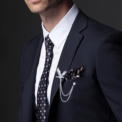 Image of Vintage Hawk Chain Brooch Pin Animal Eagle Bird Long Chain Tassel Suit Lapel Pin Rhinestone Hawk Badge Pin Jewelry for Men Women