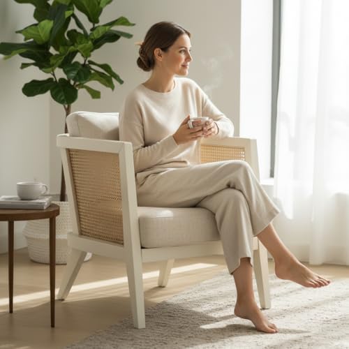 Image of APRODZ Solid Wood Accent Chair for Living Room Mid Century Modern Wooden Upholstered Armchair with Cushion Lounge Chair Cane Back Wooden Frame for Living Room Bedroom Office Seating (White)