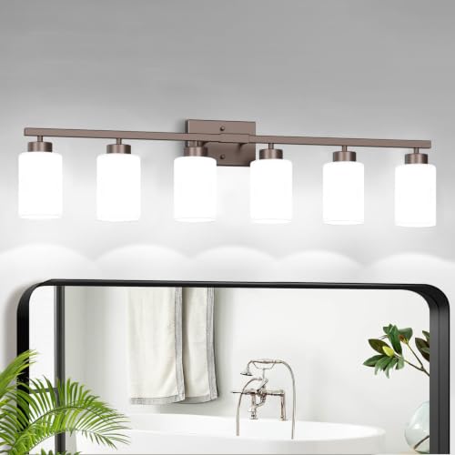 Image of IZORRO Bathroom Light Fixtures, Modern Vanity Lights, Bathroom Lighting Fixtures Over Mirror with Milky White Shade, Wall Sconce for Living Room Cabinet Bedroom (Oil Rubbed Bronze, 6-Light)