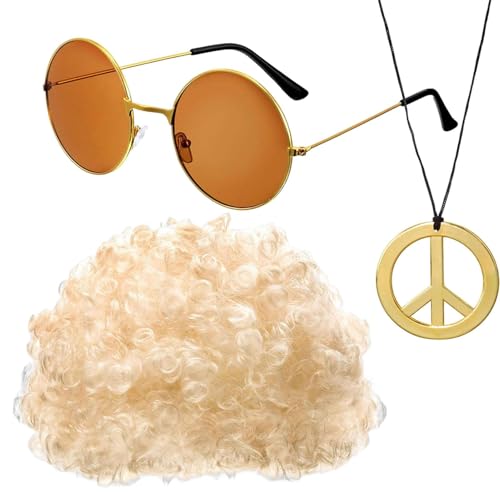 Set di costumi per parrucca hippie - Fiesta Afro Style, Disco Chain Accessory | Occhiali rotondi con parrucca afro funky, vintage a tema per eventi in costume, costumi maschili, sfilata