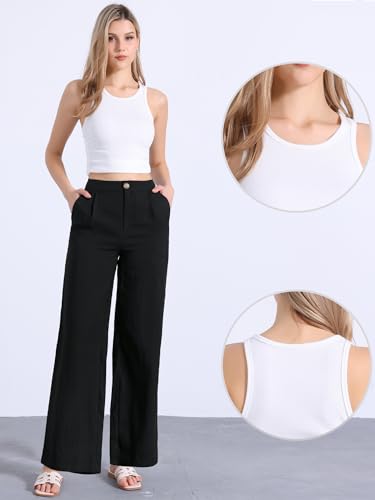 Allegra K Casual Linen Pants for Women Wide Leg High Waist Button Trousers with Pockets2