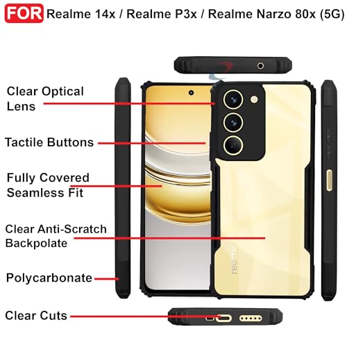 Image of CEDO Backcover for Realme 14x / Realme P3x / Narzo 80x (5G) | Camera Protection Shockproof Bumper-Edge | Acrylic Crystal Clear 360 Degree Protection TPU+PC | Transparent Eagle Back Case Cover (Black)