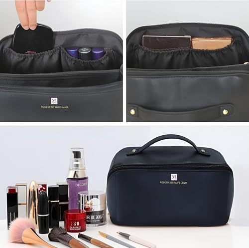 Image of NFI essentials Cosmetic Travel Organizer Bag, Women's Makeup Pouch Toiletry Bag Portable Leather Wide Opening Cosmetics Bag with Handle and Divider