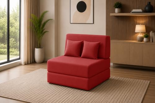 Image of Sofa Cum Bed with Jute Fabric, Convertible One Seater Sofa Bed 3x6 Ft, Comfortable Cushioned Seating, Space Saving Design for Living Room, Bedroom & Guest Room - Red Color