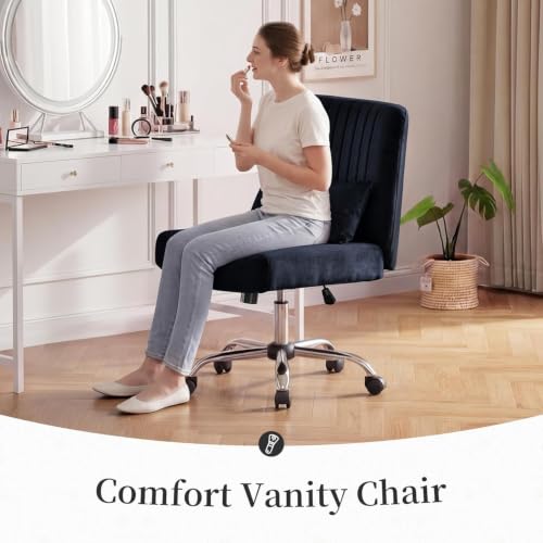 Image of Velvet Criss Cross Desk Chair with Wheels, Luxury Cross Legged Office Office, Swivel Wide Seat Vanity Chair, Armless Adjustable Height Gaming Chair Gift, Dusty (1, Deep Black)