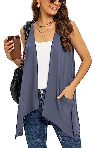 Purple Grey Sleeveless Cardigan Vest for Women Plus Size Lightweight Summer Jacket with Pockets Casual Work Knit Open Front Long Drape Duster,XXL -  Veryoung