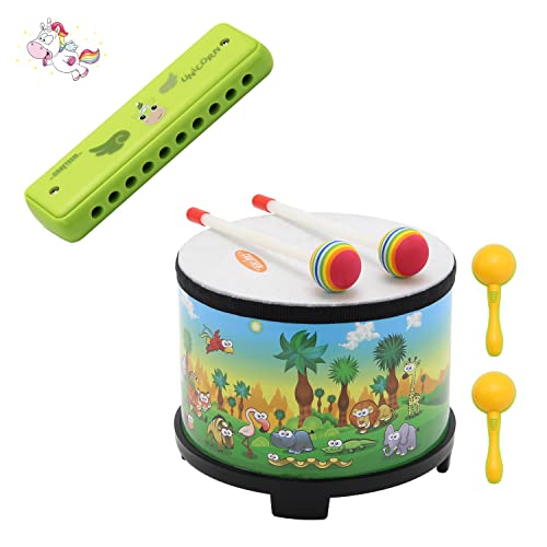 Crafteem Kids Drum Wooden Instrument And Color Blues Kids Harmonica For Toddler, Children Boys & Girls Christmas Birthday Gift #TOP8