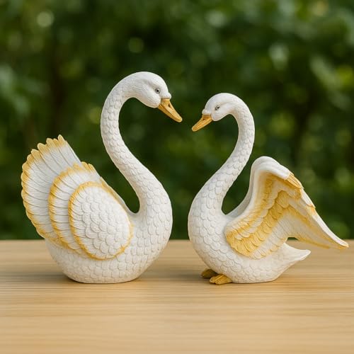 Image of Elegant Swan Couple Showpiece Set - White & Gold Polyresin Love Birds Statue for Home Decor, Living Room, Bedroom, Wedding Gift, Anniversary & Housewarming Decoration
