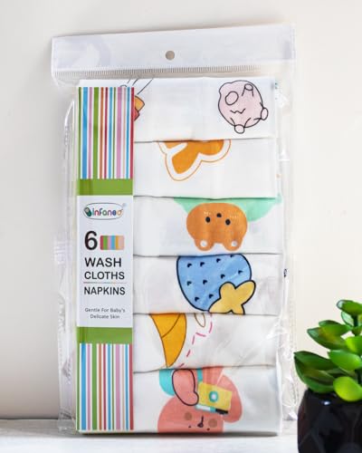 Rachna Extra Soft Reusable Hosiery Cotton Napkin Set for Babies | Quick Absorbing Printed Face Towels – 171A – Pack of 6 – White – 10 x 11 Inches