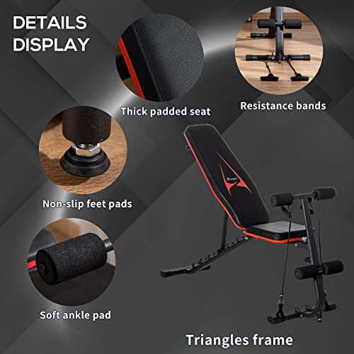 Soozier Adjustable Weight Bench, Utility Dumbbell Bench for Full Body Workout, Multifunctional Foldable Incline Bench for Home Gym, Weightlifting and Strength Training with Resistant Rope, Black