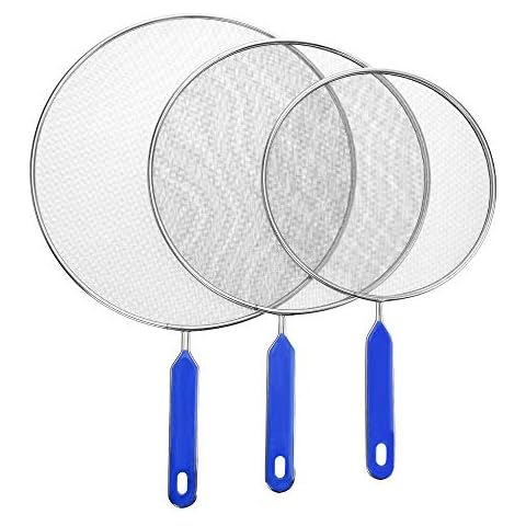 Grease Splatter Screens Guards Shields Frying Pan Pot Cooking Oil Cover Skillet Lid - Stainless Steel Mesh Blue Handle Set of 3: 8", 9.5", 11" Cover