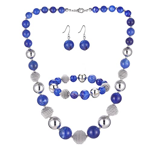 BULINLIN Chunky Beaded Silver Necklace Earrings Pearl Handmade Bracelet Set Statement Costume Fashion Jewellery Set Birthday Gifts for Women (48-Sapphire)