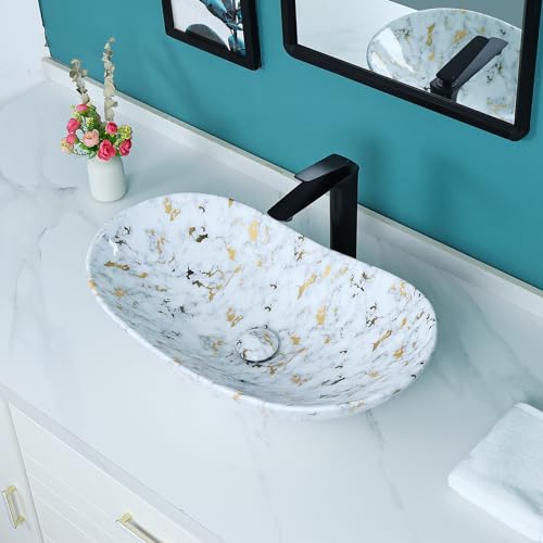 Davivy DS-1386 24.8'' X 14.4'' Large Nordic Marbling Oval Vessel Sink With Pop Up Drain,Boat Shape Bathroom Vessel Sink,Oval Bathroom Sink,Bathroom Sinks Above Counter,Marbling Ceramic Vessel Sink thumb #1