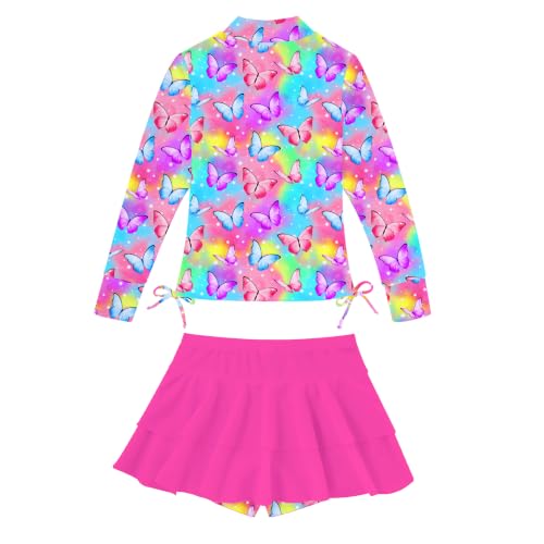 Image of Vogseek 3-12T Girls Swimsuit Long Sleeve Rashguard Bathing Suits Swim Set | Quick Dry, UPF 50+ Sun Protection, Swimming Skirt, Boyshorts, Zipper Two Piece Long Sleeve Swimsuits, Adjustable Drawstring