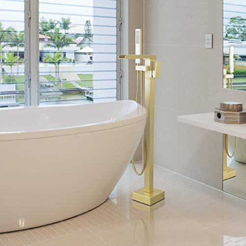 SHAMANDA Luxury Freestanding Bathtub Faucet Single Handle Waterfall Tub Filler with Handheld Shower Brushed Gold, Floor Mounted, FL701-3