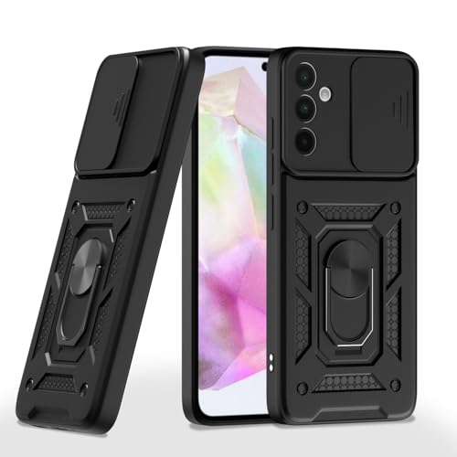 Image of Pikkme Back Cover for Samsung Galaxy A56 5G | D10 Tough Armor | 360 Protection Case | Sliding Camera Shield Cover & Ring Holder Stand Bumper Case (Black)