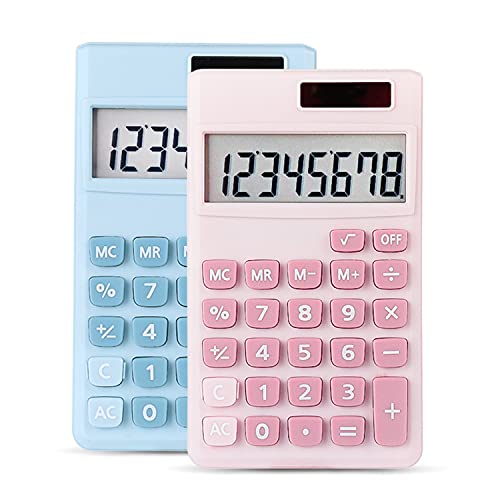 2pcs Mini Calculators, Pocket Calculator 8-Digit Solar Battery Office Calculator, Basic Standard Calculators, Dual Power Desktop Calculators for Home Office School. (Blue, Pink)