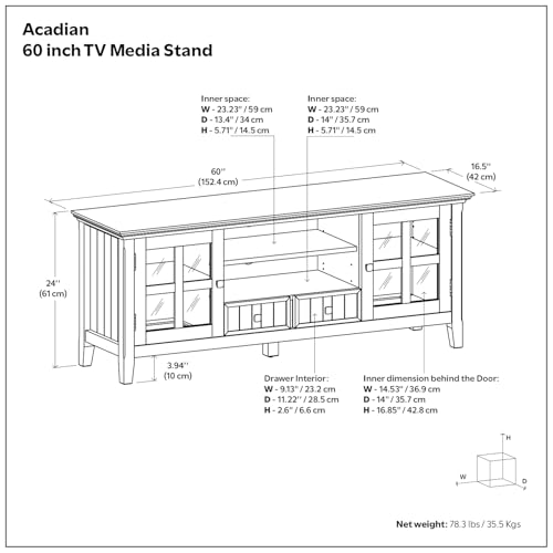 SIMPLIHOME Acadian TV Stand - 60 inch Wide Solid Wood Media Console in Light Golden Brown, Transitional Entertainment Center for Living Room for TVs up to 65 Inches with Glass Cabinets and Shelves - Image 3