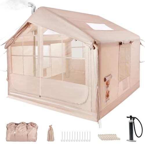 Tenda da campeggio gonfiabile con apertura del camino e lucernario, tenda da esterno per 4-6 persone con pompa ad aria, tenda gonfiabile in tessuto Oxford impermeabile per 4 stagioni, montaggio rapido