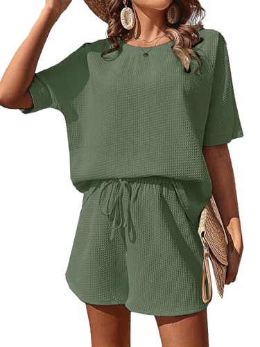 JFAN Conjuntos Chándal Mujer Verano Dos Piezas Conjunto Pantalones Cortos y Cuello Redondo Top Mujer Pantalones cortos con Cordón Ajustable para vacaciones en la playa,Verde oliva,XL