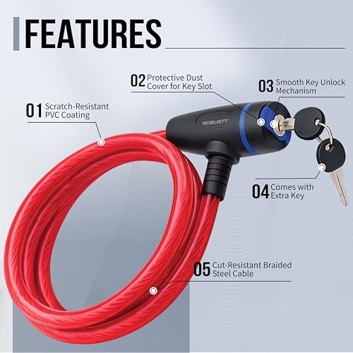 Image of Robustt Braided Steel Cable Lock with Keys - 0.65m Long (Pack of 2), 10mm Thick PVC Coated Cut-Resistant Cable | Dust Cover Key Slot | Extra Key Included | Anti-Theft Cable Lock-Red