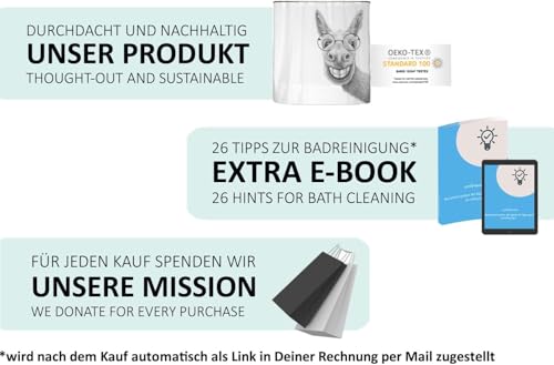 arteneur® - Hipster Esel - Anti-Schimmel Duschvorhang 180x200 - Öko-Tex Standard 100 - Beschwerter Saum, Blickdicht, Wasserdicht, Waschbar, 12 Ringe