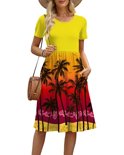 Image of COSSEN Women's Casual T Shirt Dress V-Neck Short Sleeves Swing Dresses Birthday Party Summer Travel Beach with Pocket