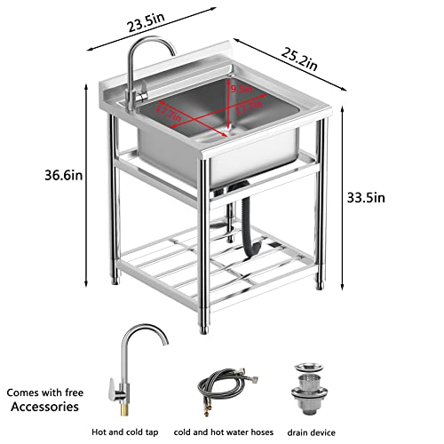 Freestanding Stainless Steel Sink, Commercial Restaurant Sink, Large Single Bowl Sink, Outdoor Sink, For Business Restaurant, Cafe, Bar, Hotel, Garage, Laundry Room, Outdoor, W23.5” × D25.2” × H33.5” #TOP1