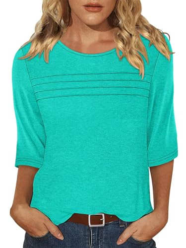 KISSMODA Women's Casual 3/4 Sleeve T-Shirts Round Neck Cute Tunic Tops Basic/Pleated Summer Tops Trendy Spring Blouses