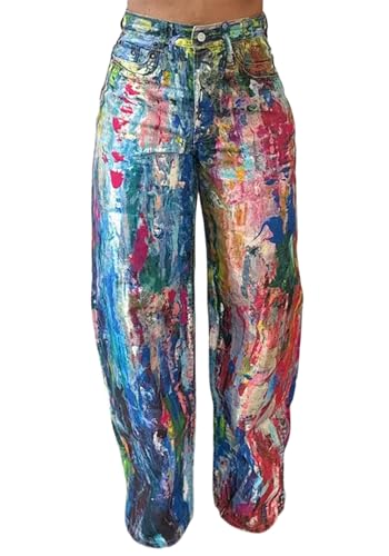 NRTHYE Womens Summer Colorful Graffiti Baggy Jeans Casual High Waist Wide Leg Streetwear Denim Cargo Print Pant Trousers