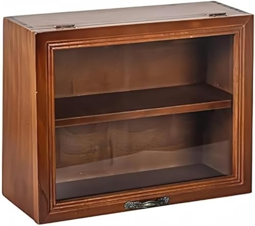 Geyaziu 木製 コレクションケース 卓上 小型 フナチュラル木目 ィギュア ディスプレイケース 棚 横長 アンティーク ガラス アクリルキ ミニ 収納 ャビネット 透明コレクショ 2段棚板タイプ (41.2*14*32.9cm)