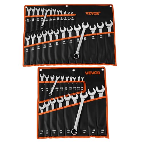 VEVOR Combination Wrench Set 44-Piece SAE and Metric 12-Point Box End and 15 Angled Open End Combination Wrenches with Roll Up Pouch Carbon Steel for General Household and Automotive Repairs