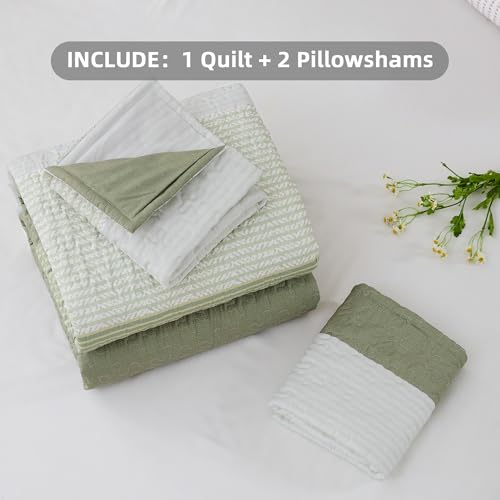 Image of Andency King Size Quilt Set Weat Green, 3 Pieces Summer Ultra Soft Lightweight Bedspreads & Coverlets Set, Patchwork Striped Quilted Bedding Sets for All Seasons (1 Quilt, 2 Pillow Shams)