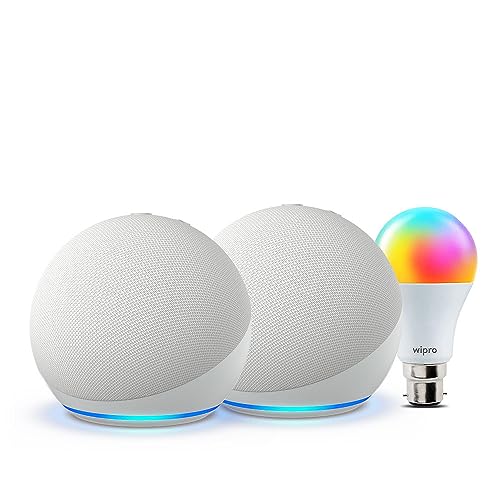Image of Echo Dot (5th Gen, White) gift twin pack with Wipro 9W LED Smart Color Bulb