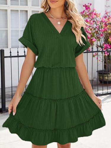 Image of PerZeal Women's Casual V Neck Short Sleeve Tiered Dress Ruffle Hem A-Line Flowy Swing Midi Dresses