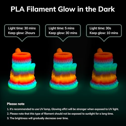 Image of AMOLEN Glow in The Dark 3D Printer Filament Bundle, Glow Filament Multicolor, 5 Meter Rainbow, Green, Blue and Blue-Purple, 1.75mm PLA Filament, Dimensional Accuracy + /- 0.02 mm, 200g X 4 Pack