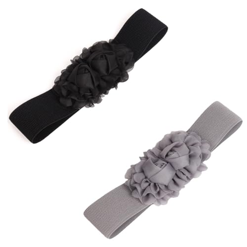 2PCS Women's Double Flower Stretchy Belt Elastic Wide Chunky Waistband Belts Cinch Belts for Dress
