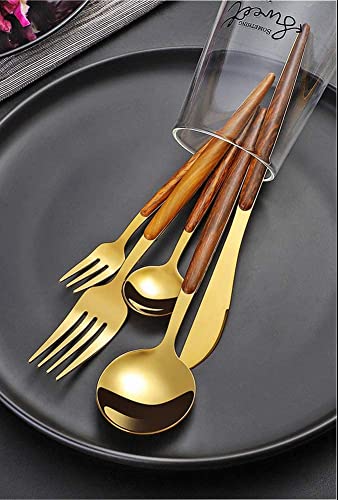 Image of Gold Flatware Matte Wooden Handle Stainless Steel Tableware Sets for 3 Including Forks Spoons Knives, Camping Silverware Travel Utensils Set Cutlery(Gold, Set of 15)