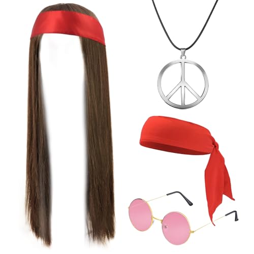 JSTHHTT 4 peças conjunto de perucas de Rock acessórios fantasia, conjunto disfarce hippie anos 60 e 70 para homens, disfarce anos 80 homem, para homens festa carnaval disfarces hippie, multicolorido