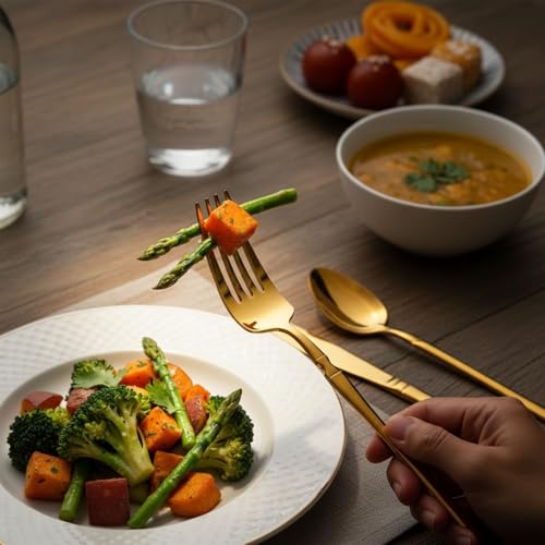 Image of 5 Pcs Gold Cutlery Set for Dining Table the Perfect Lightweight Silim Handle Tableware Including Dinner Spoon, Dinner Fork, Dinner Knife, Dessert Spoon & Dessert Fork
