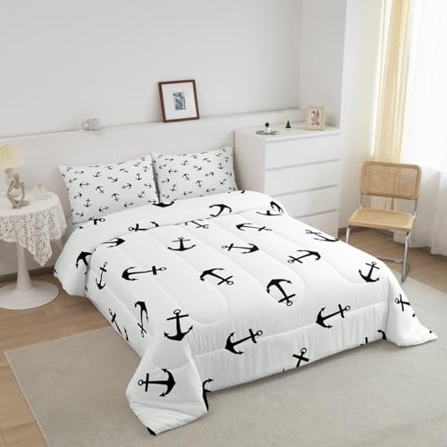 Housse de couette nautique lit simple Manfei - Linge de lit enfant motif ancre et bateau à voile