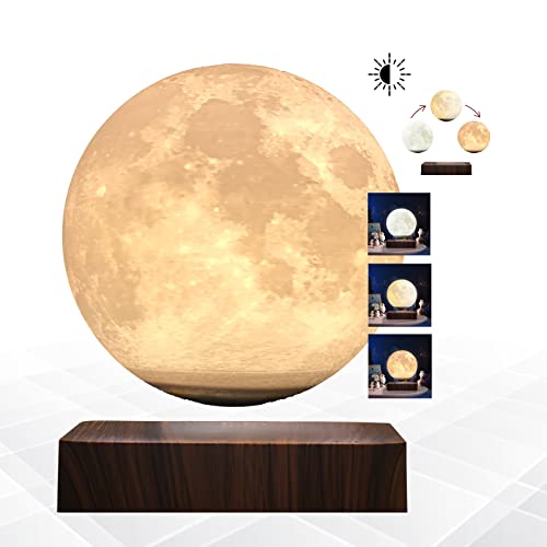 Levitating Moon Lamp - 3D Magnetic Floating Lamp Spinning in Air Freely with Luxury Wood Base and 3 Brightness Modes, Levitating Decor for Bedroom, Night Light, Home Decor, Office Desk Tech Toys
