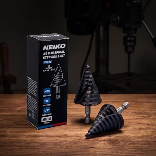 Image of NEIKO 10174B Step Drill Bit, 10 Steps 1 /4 inch to 1-3 /8 inch Spiral M35 Cobalt, AlTiSiN Coated, 1 /4 inch Quick Change Step Bits for Steel, Metal, Wood, Plastic, Unibit Cone Drill Bits, Two Flute