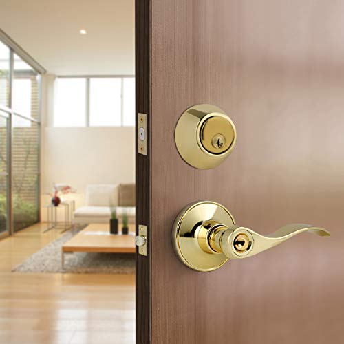 Keyed Alike Front Door Entry Lever With Double Cylinder Deadbolts,Polished Brass,Exterior Entrance Lever Door Handle,Wave Shape Door Lock Gold,Interior Door Handle Set For Front/Back Gate #TOP5